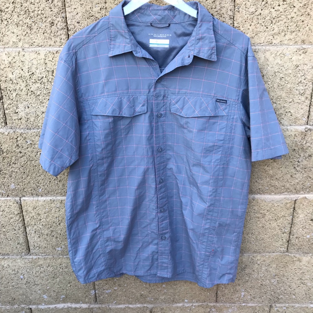 Columbia Gray and Pink Plaid Casual Button Down Shirt